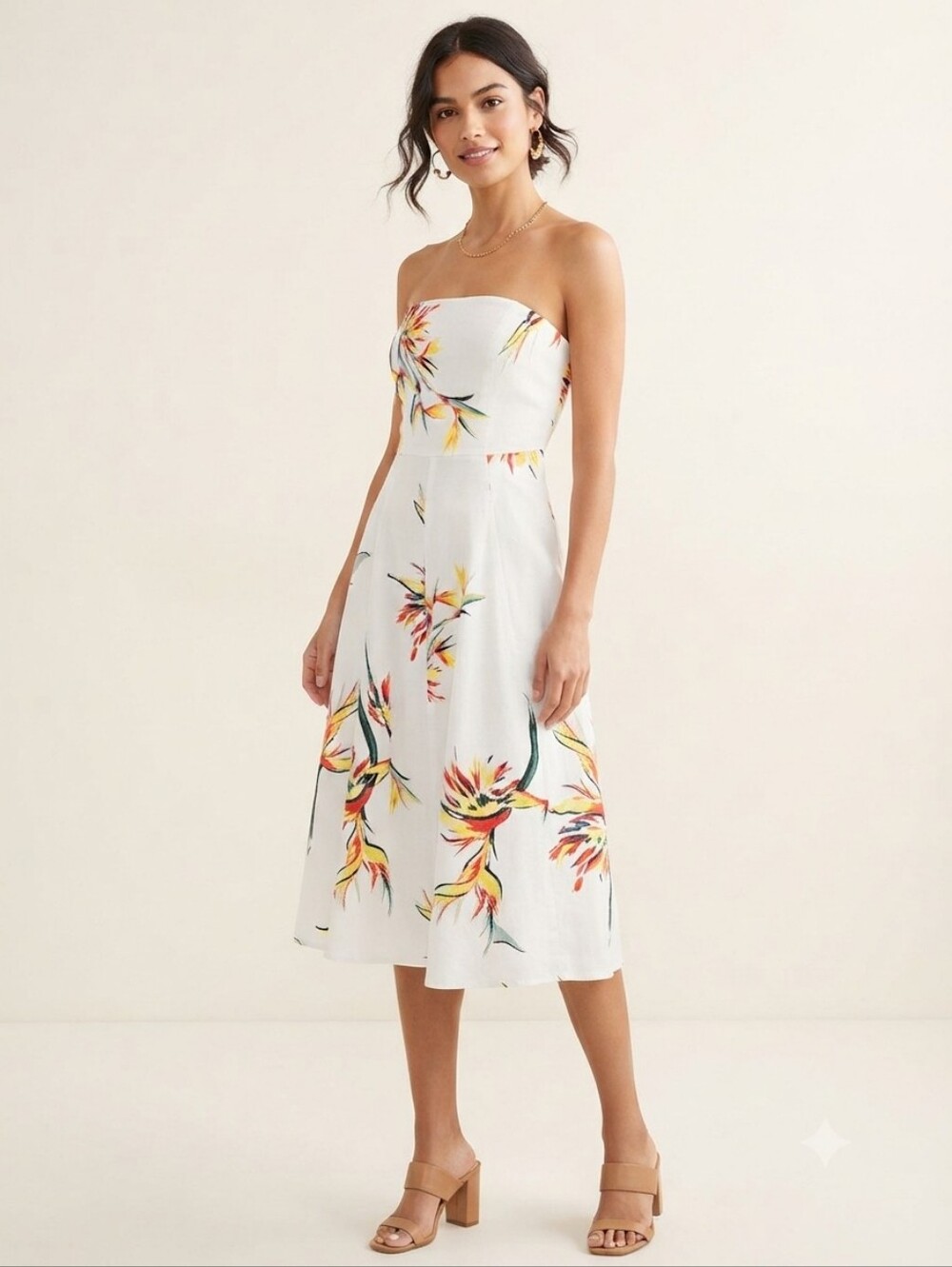 New York & Company White Strapless Floral Midi Dress